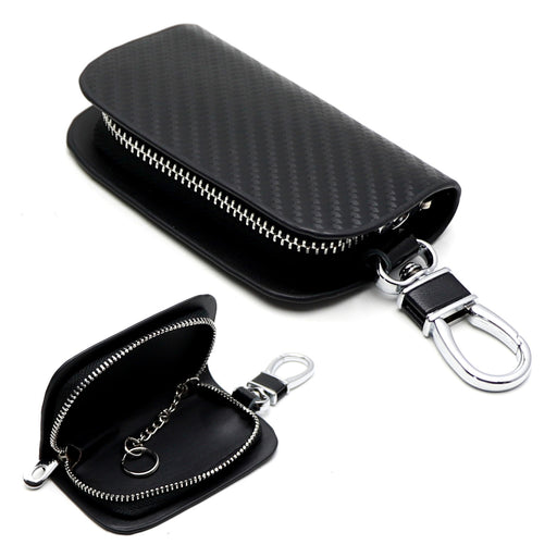 Large Black Dry Carbon Fiber Twill-Weave Pattern Leather Key Holder Cover Wallet