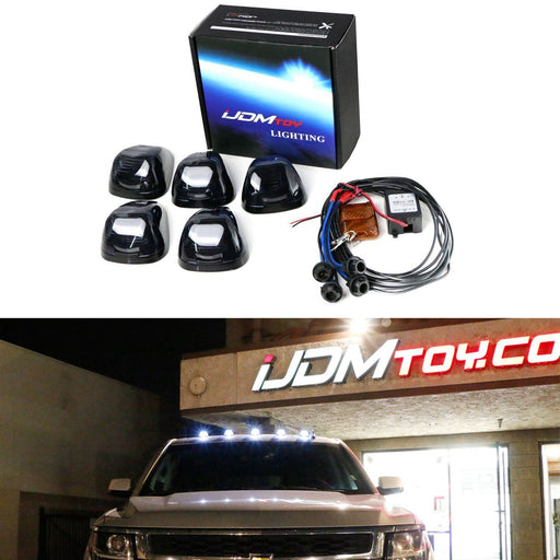 (5) White LED Black Smoked Cab Roof Marker Lights w/ Remote Strobe Flash Module