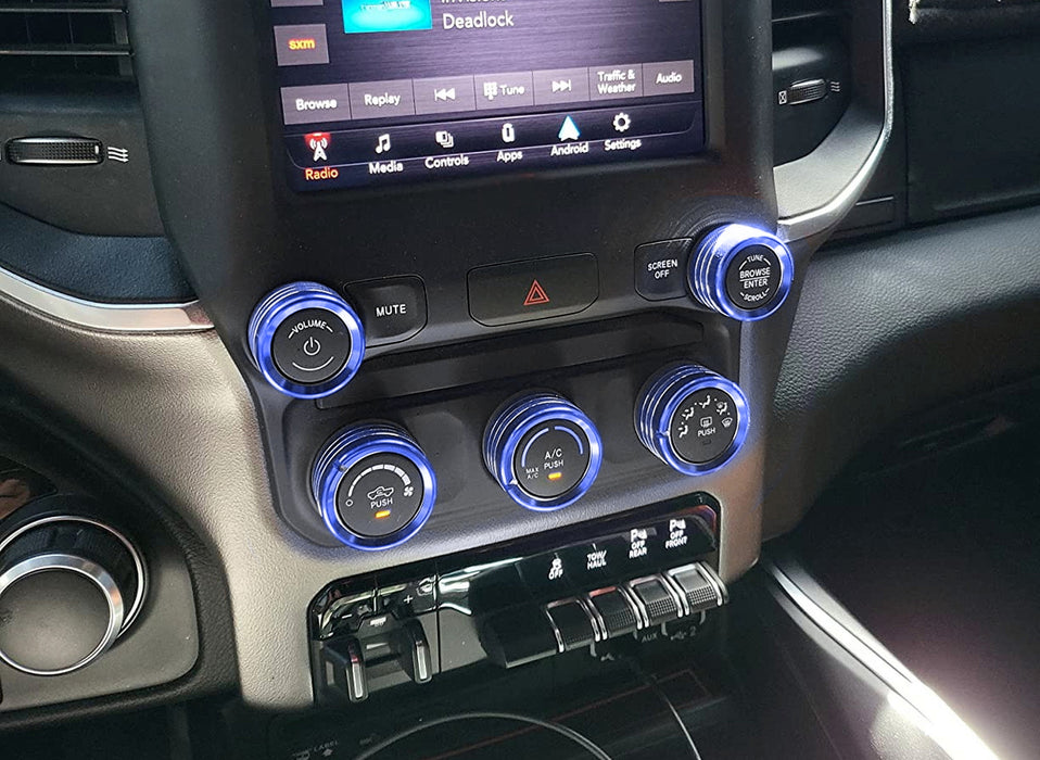 5pc Sports Blue Center AC/Stereo Volume Switch Ring Cover Trims For 2019-up RAM