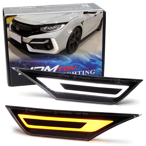 Black Cover White LED Side Markers w/ Amber Sequential Blink For Honda Civic FK8