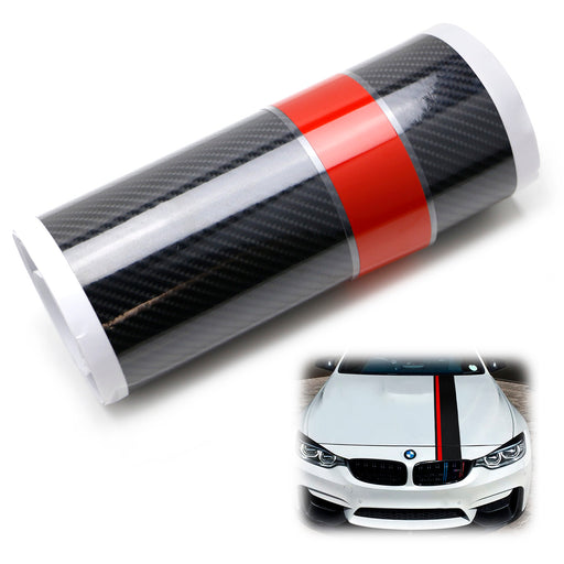 7-Inch Width Gloss Black 5D Carbon Fiber w/Red Rally Stripe Vinyl Graphics Decal