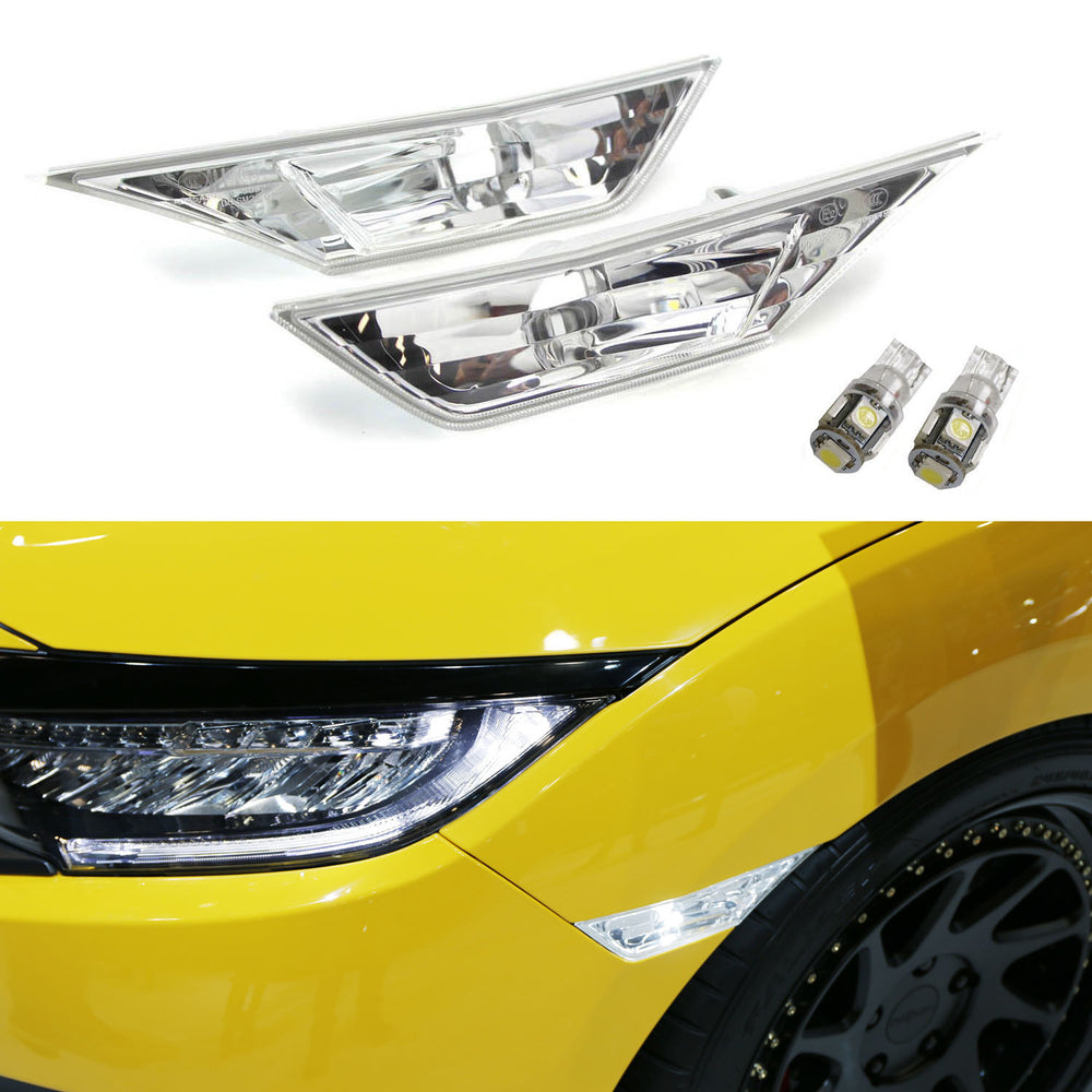 JDM Clear Lens Side Marker Lamps w/ White LED Bulbs For 16+ 10th Gen Honda Civic