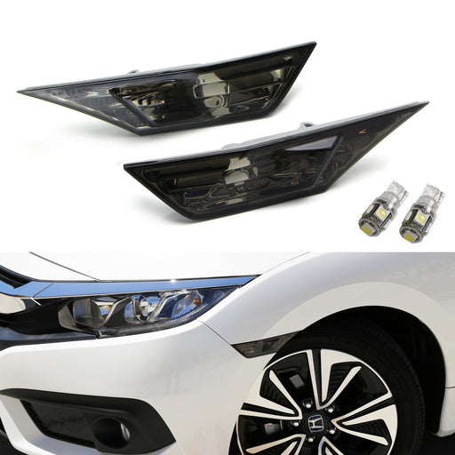 JDM Smoked Lens Side Marker Lamps w/White LED Bulbs For 16+ 10th Gen Honda Civic