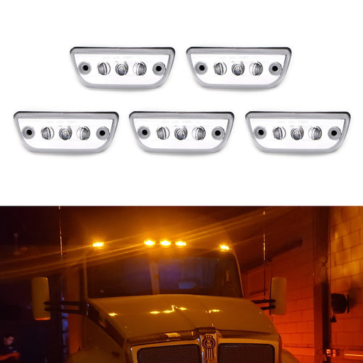 5pc Clear Lens Chrome Amber LED Roof Clearance Marker Lights For Kenworth T680..