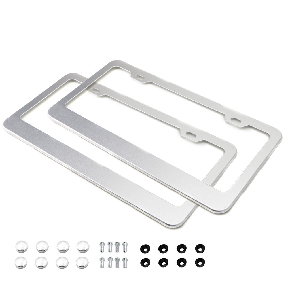 2pc Premium Silver Slim 2-Hole License Plate Frame with Screws/Fasteners & Caps