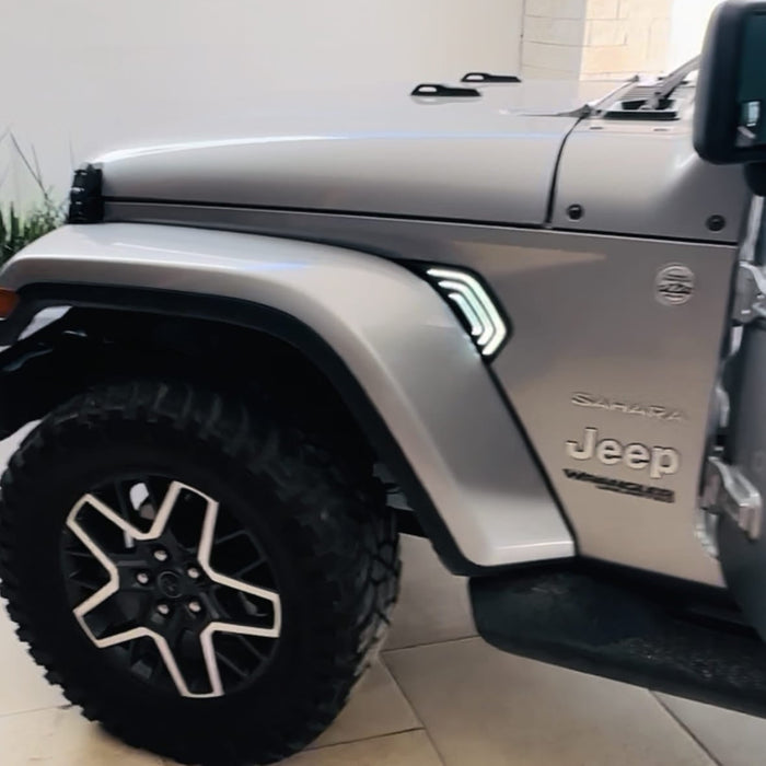 2018 Jeep Sahara JL Installed Smoked Lens White/Amber Sequential Blink LED Fender Flare Lights