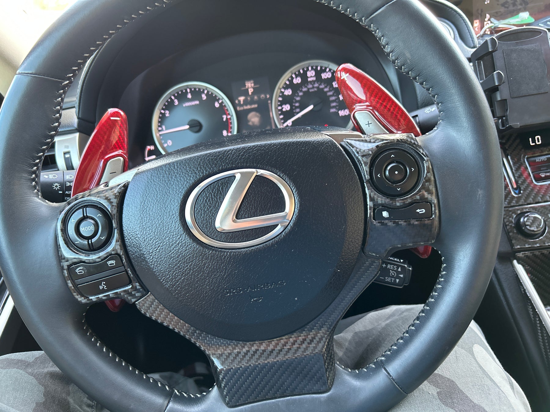2014 Lexus IS250  Installed High Gloss Red Genuine Carbon Fiber Steering Wheel Larger Paddle Shifter Extension Covers