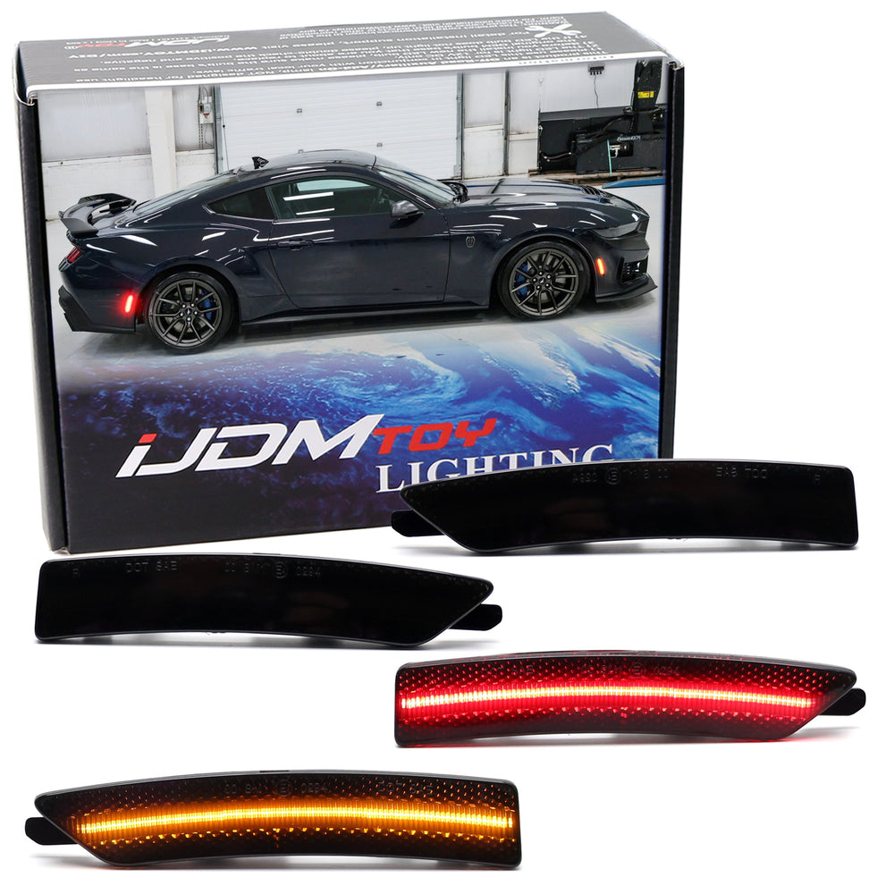4pc Set Smoked Lens Amber/Red Full Strip LED Side Markers For Ford 2024+ Mustang