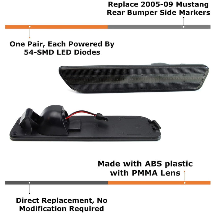 Smoked Lens White Full Strip LED Rear Side Marker Lamps For 2005-09 Ford Mustang