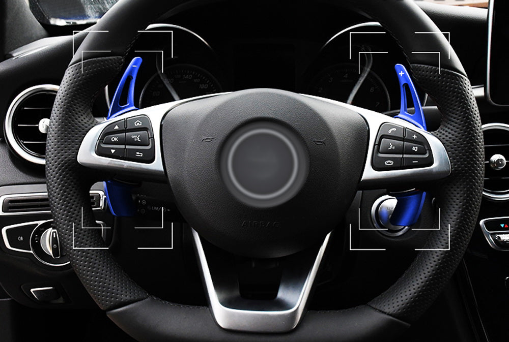 Blue Aluminum Steering Wheel Paddle Shifter Extensions For Mercedes C E CLA GLC