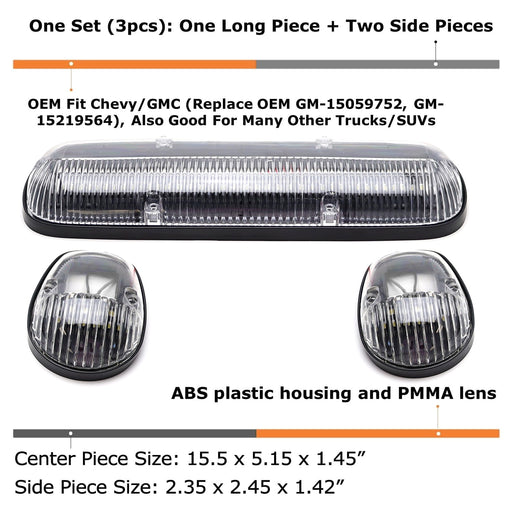 Clear Lens 3pc Cab Roof Marker Running Lights w/White LED Lamp For Truck SUV 4x4