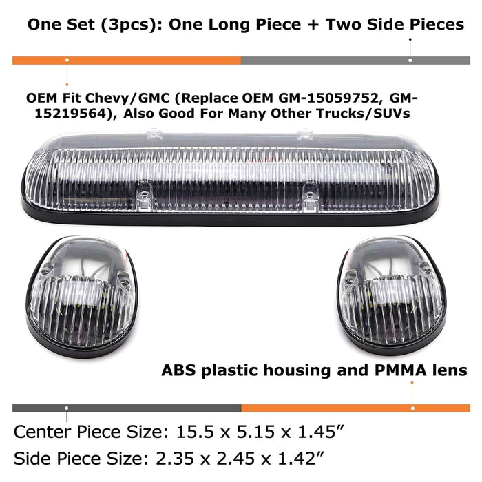 Clear Lens 3pc Cab Roof Marker Running Lights w/White LED Lamp For Truck SUV 4x4