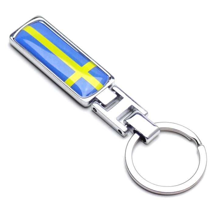 Sweden Flag Gold Nordic Cross Color Stripe Emblem Chrome Badge Keychain Ring