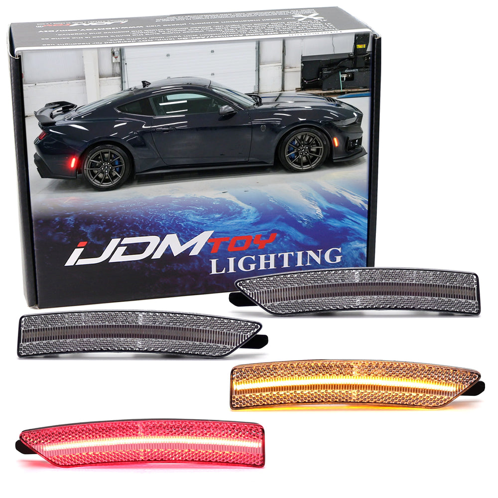 4pc Set Clear Lens Amber/Red Full Strip LED Side Markers For Ford 2024+ Mustang