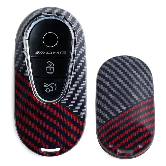 Black/Red Carbon Fiber Pattern Plastic Key Fob Case Shell For Mercedes Oval Key