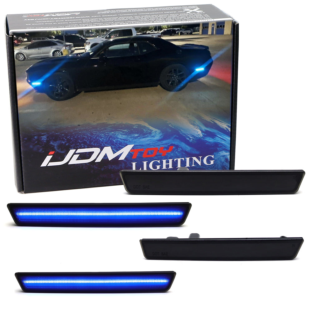 Smoked Lens All Blue Front/Rear LED Side Marker Lights 2015-24 Dodge Challenger