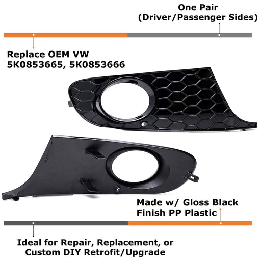 Euro Style Gloss Black LH RH Fog Opening Bezel Covers For VW 2010-14 MK6 Golf6