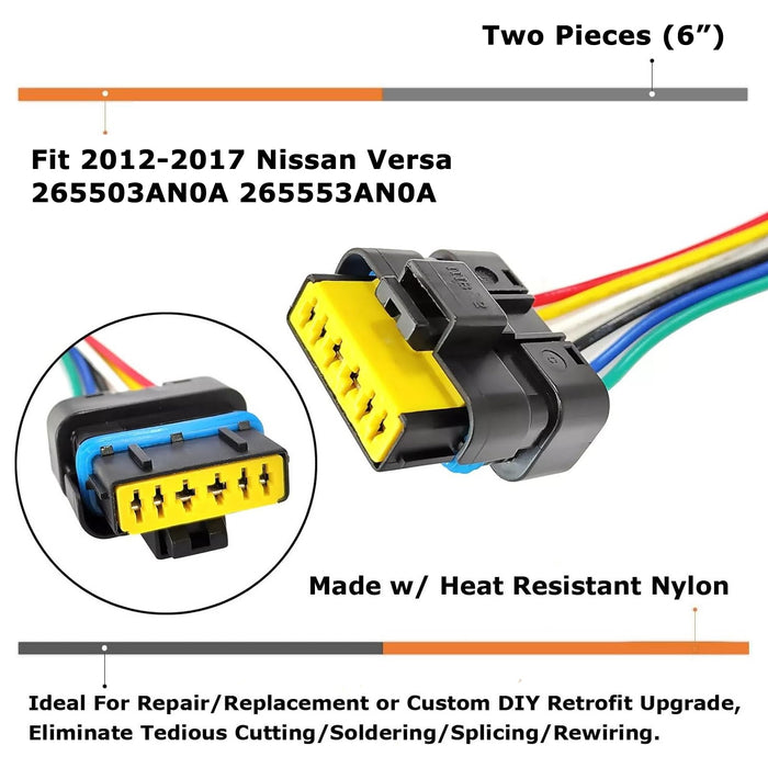 2pc 6-Pin Tail Light Repair Connectors w/ 12" Wires For Nissan Versa Sunny Almea