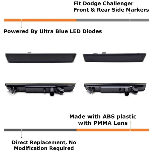 Smoked Lens All Blue Front/Rear LED Side Marker Lights 2015-24 Dodge Challenger