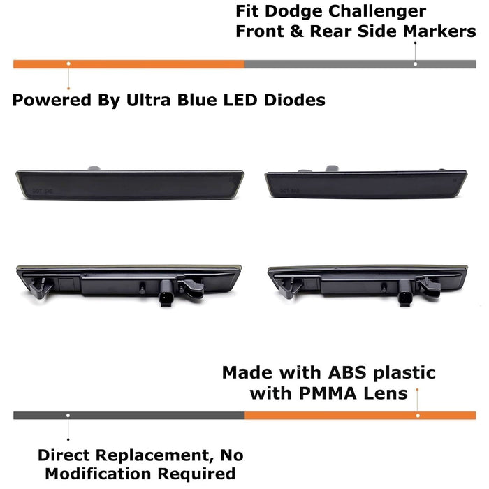 Smoked Lens All Blue Front/Rear LED Side Marker Lights 2015-24 Dodge Challenger