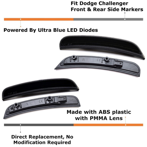 Smoked Lens Front/Rear Blue LED Strip Side Marker Lights For 15-23 Dodge Charger