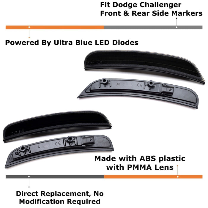 Smoked Lens Front/Rear Blue LED Strip Side Marker Lights For 15-23 Dodge Charger