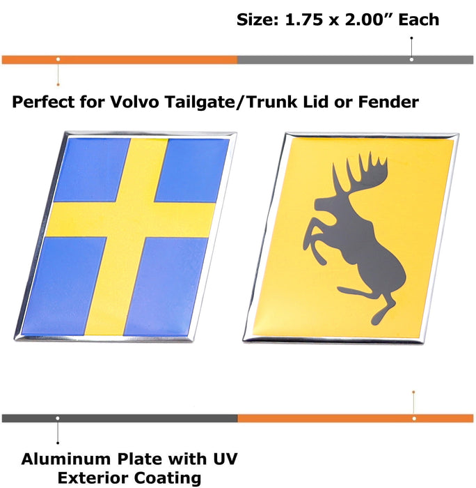 Swedish Gold Nordic Cross w/ Prancing Moose Emblem Badge Set For Volvo Trunk Lid