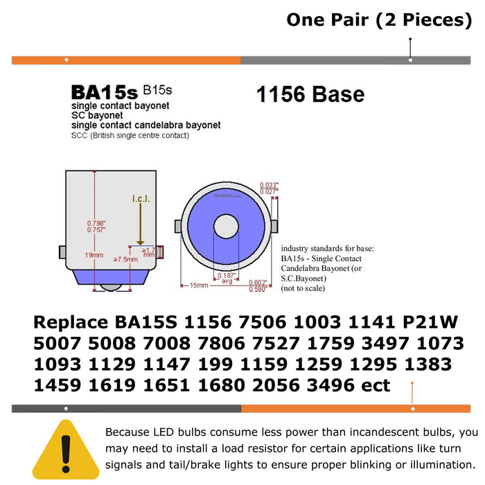 Amber Yellow 1156 BA15s LED Replacement Bulbs, Replace 7506 1141 1073 P21W 7527