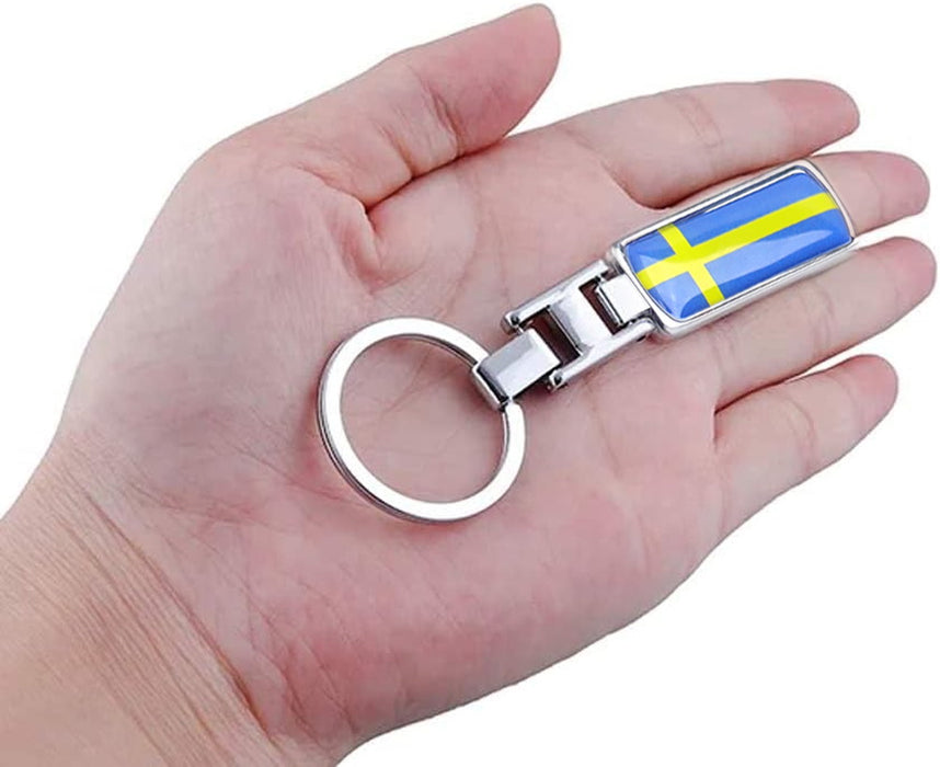 Sweden Flag Gold Nordic Cross Color Stripe Emblem Chrome Badge Keychain Ring
