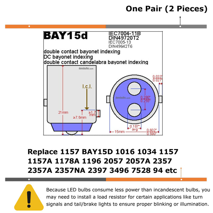 Amber Yellow 1157 BAY15d LED Replacement Bulbs, Replace 2057 2357 7528 P21/5W