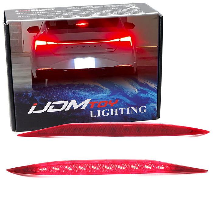 A set of red LED bumper reflector lights for Hyundai Elantra vehicles, showing the product packaging and the lights themselves.