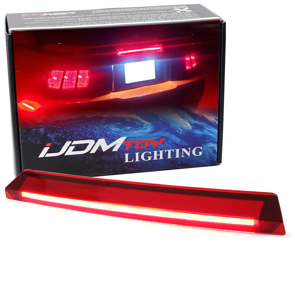 Dark red lens OLED third brake light for Ford Mustang with product packaging showing the brake light illuminated
