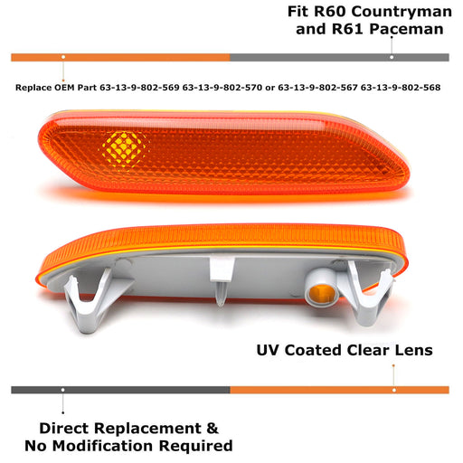 Amber Lens Front Fender Side Marker Lamp Housings For 11-16 MINI Cooper R60 R61