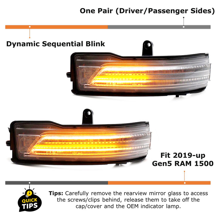 Clear Lens Dynamic Sequential Blink LED Side Mirror Cap Light For 19-up RAM 1500