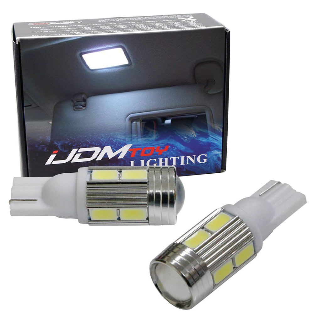 (2) White 10-SMD 168 2825 W5W T10 Wedge LED Visor Vanity Mirror Light Bulbs