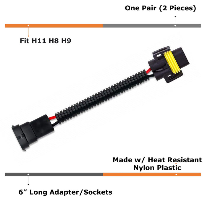 Dope-Star Pair H11/H8/H9 Extension Wiring Harness Sockets – For Headlight/Fog Light Cords (LED/Halogen/HID)