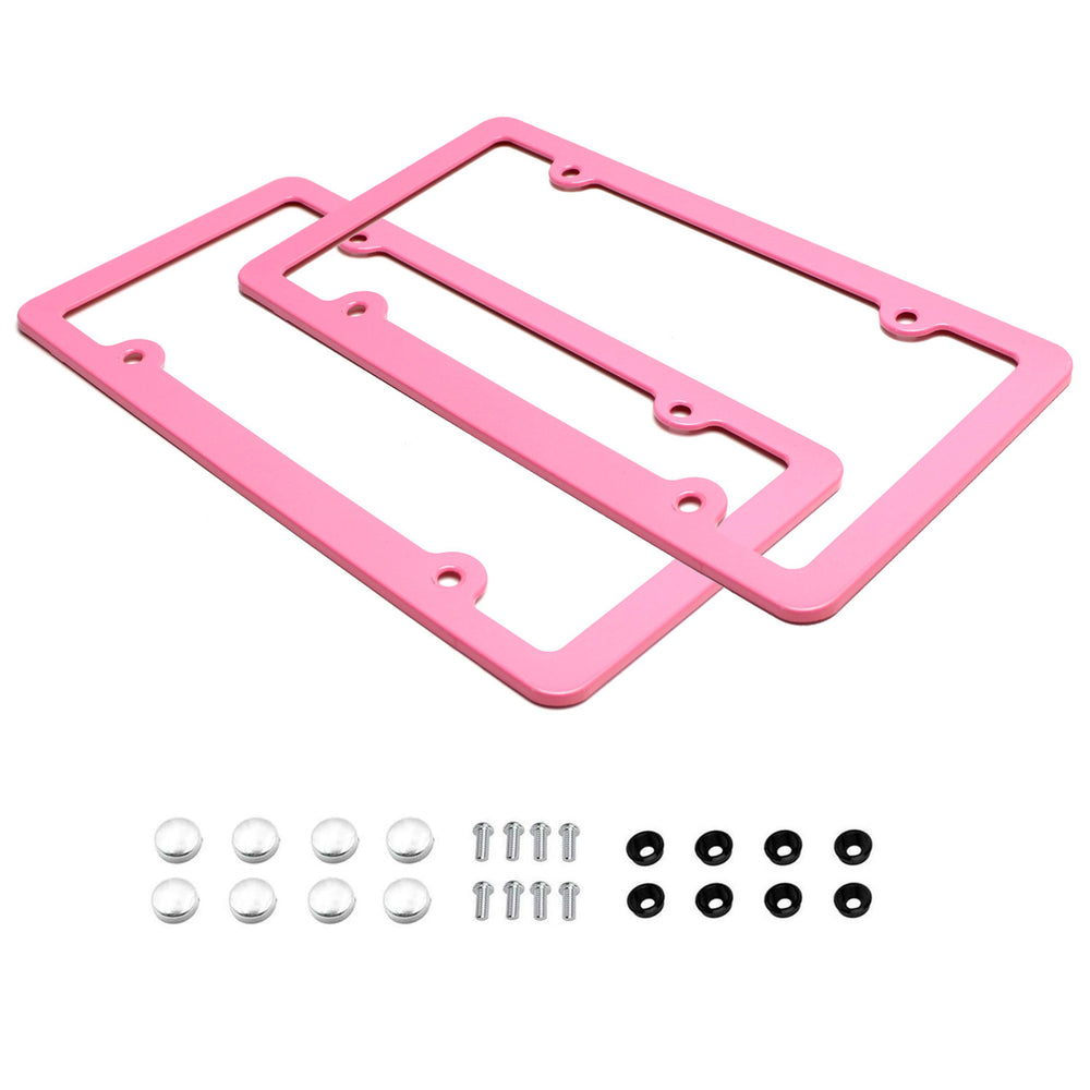 2pc Premium Pink Slim 2-Hole License Plate Frame with Screws/Fasteners and Caps