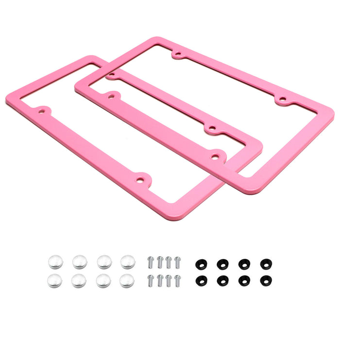 2pc Premium Pink Slim 2-Hole License Plate Frame with Screws/Fasteners and Caps