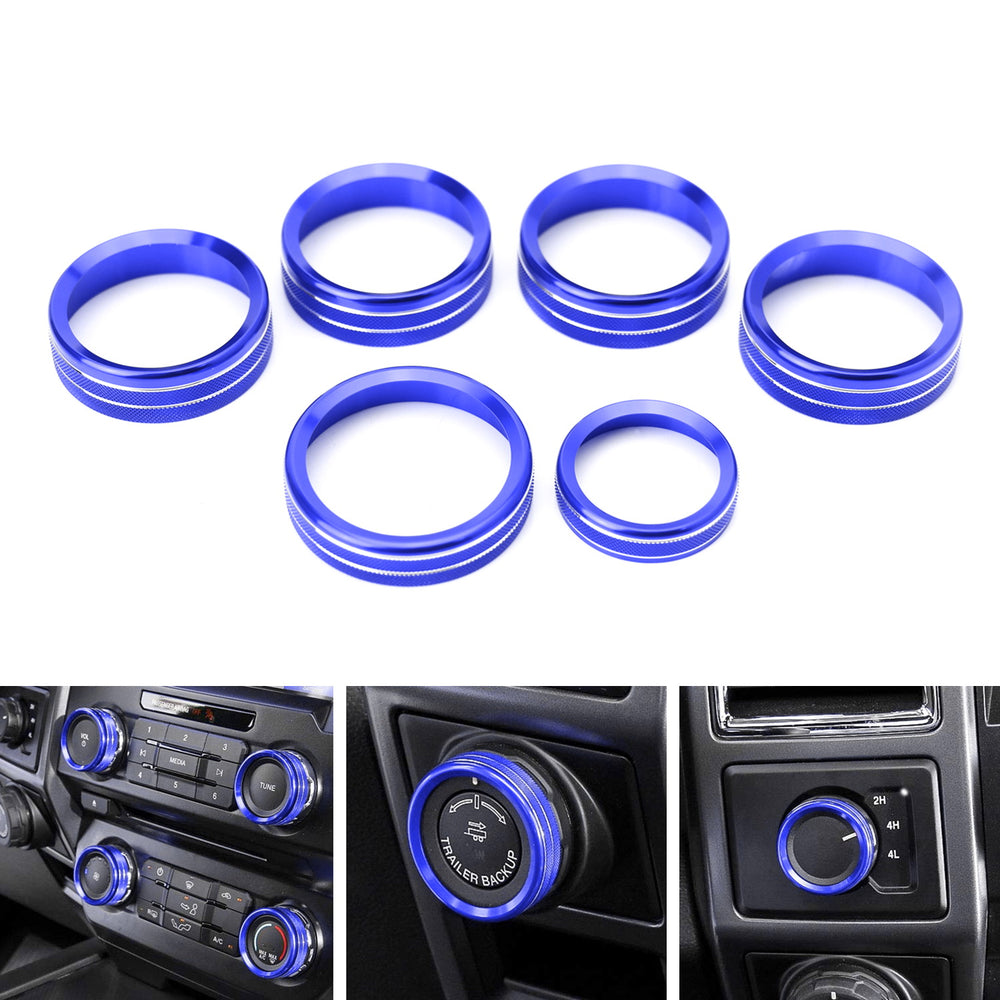 6pc Blue AC Stereo Volume/Tune Trailer Switch Knob Ring Covers For Ford F-150