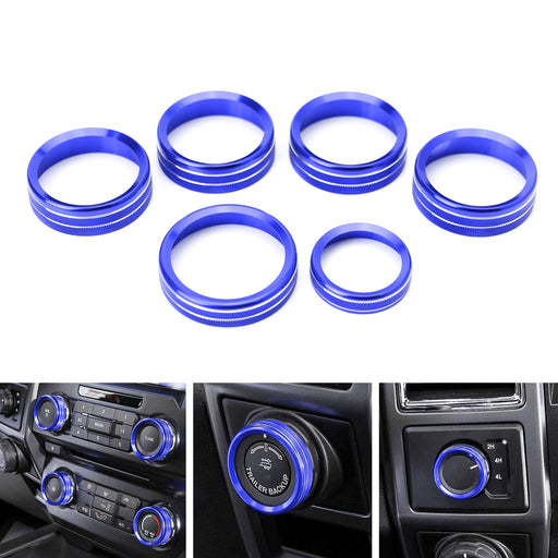 6pc Blue AC Stereo Volume/Tune Trailer Switch Knob Ring Covers For Ford F-150