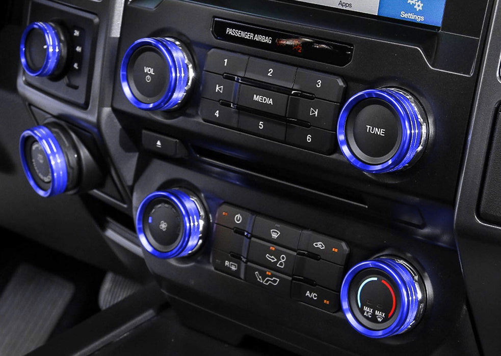 6pc Blue AC Stereo Volume/Tune Trailer Switch Knob Ring Covers For 2016-20 F-150
