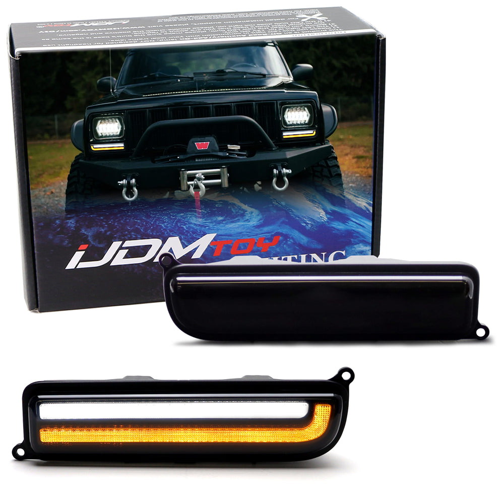 Smoked Lens White LED DRL & Amber Front Turn Signal Lights For Jeep Cherokee XJ