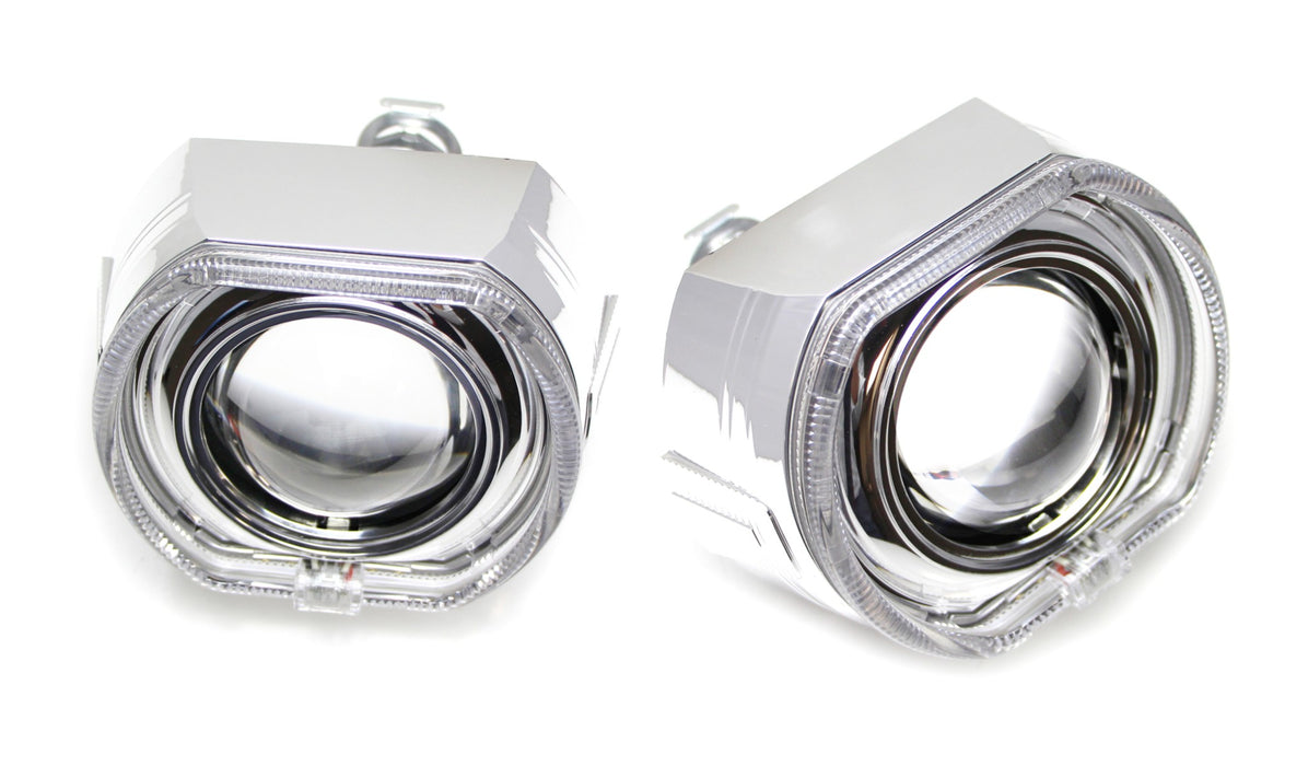 2.5" H1 Bi-Xenon Headlamp Projector Lens w/DTM Square Shape LED Halo Ring Shroud