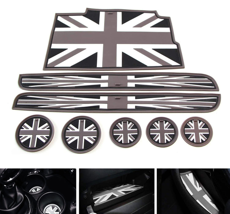 8-Piece Black/White Union Jack Style Silicone Interior Cabin Mats Compatible with 2014-up Mini Cooper F56 3-Door, Covers Cupholder Coasters, Side Door Compartments & Glovebox