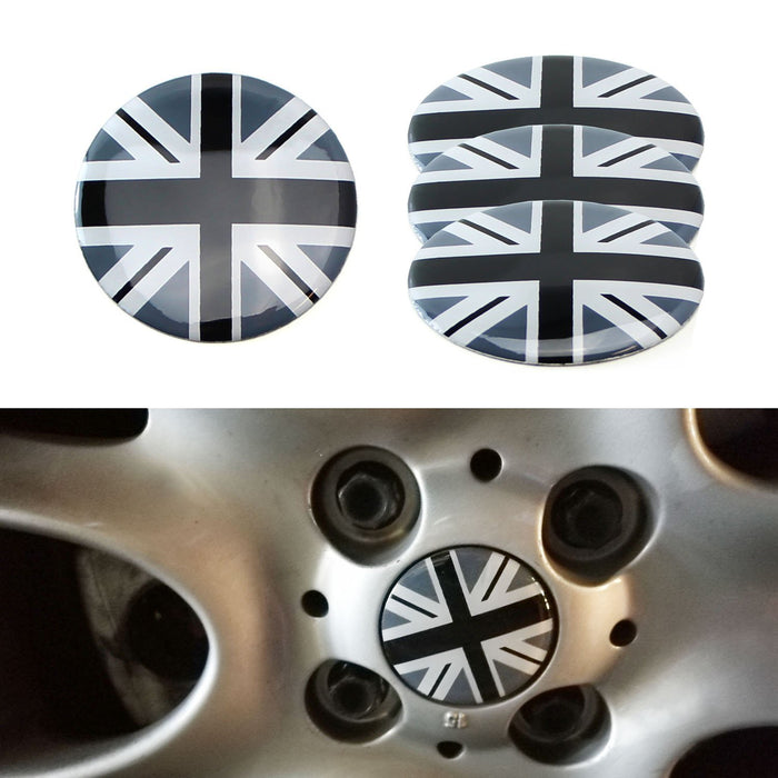 (4) Black/Grey Union Jack UK Flag Style Wheel Center Cap Covers For MINI Coopers