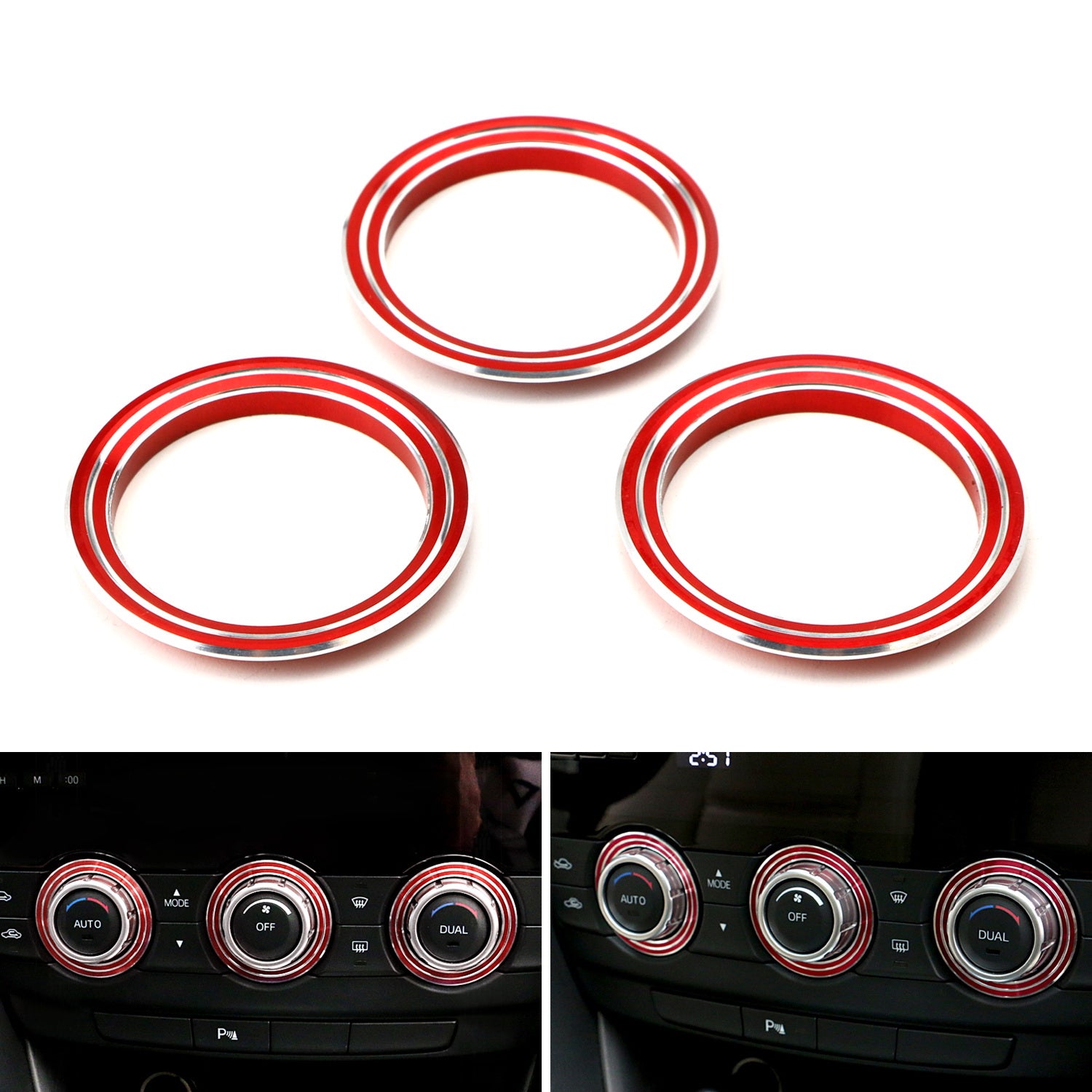 IJDMTOY Red Aluminum AC Climate Control & Radio Knob Ring Covers For Porsche (3-Piece) - Interior Dashboard Accents