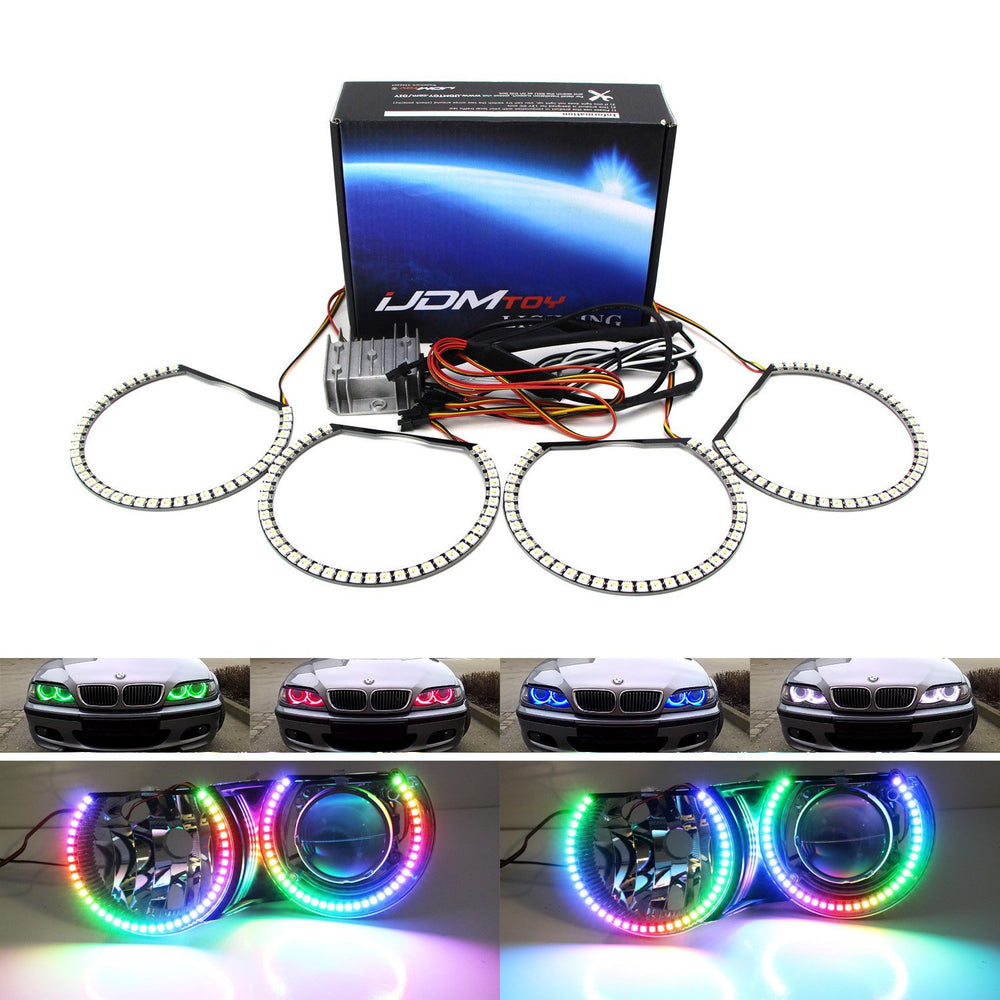 iJDMTOY Multi-Color 120-SMD RGB LED Angel Eyes Halo Ring Lighting Kit  w/Remote Compatible with BMW E36 E46 3 Series E38 E39 5 7 Series Xenon  Headlamps