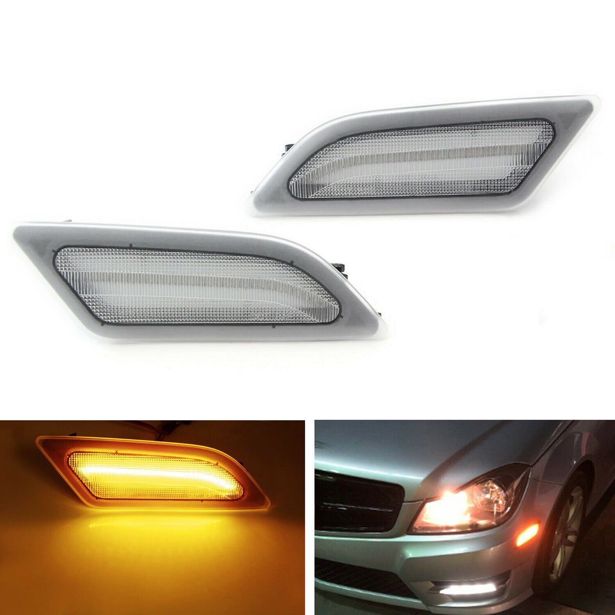 Clear Lens Amber LED Side Marker Lights – Fits 2012-2014 Mercedes W204 C-Class, Front L+R
