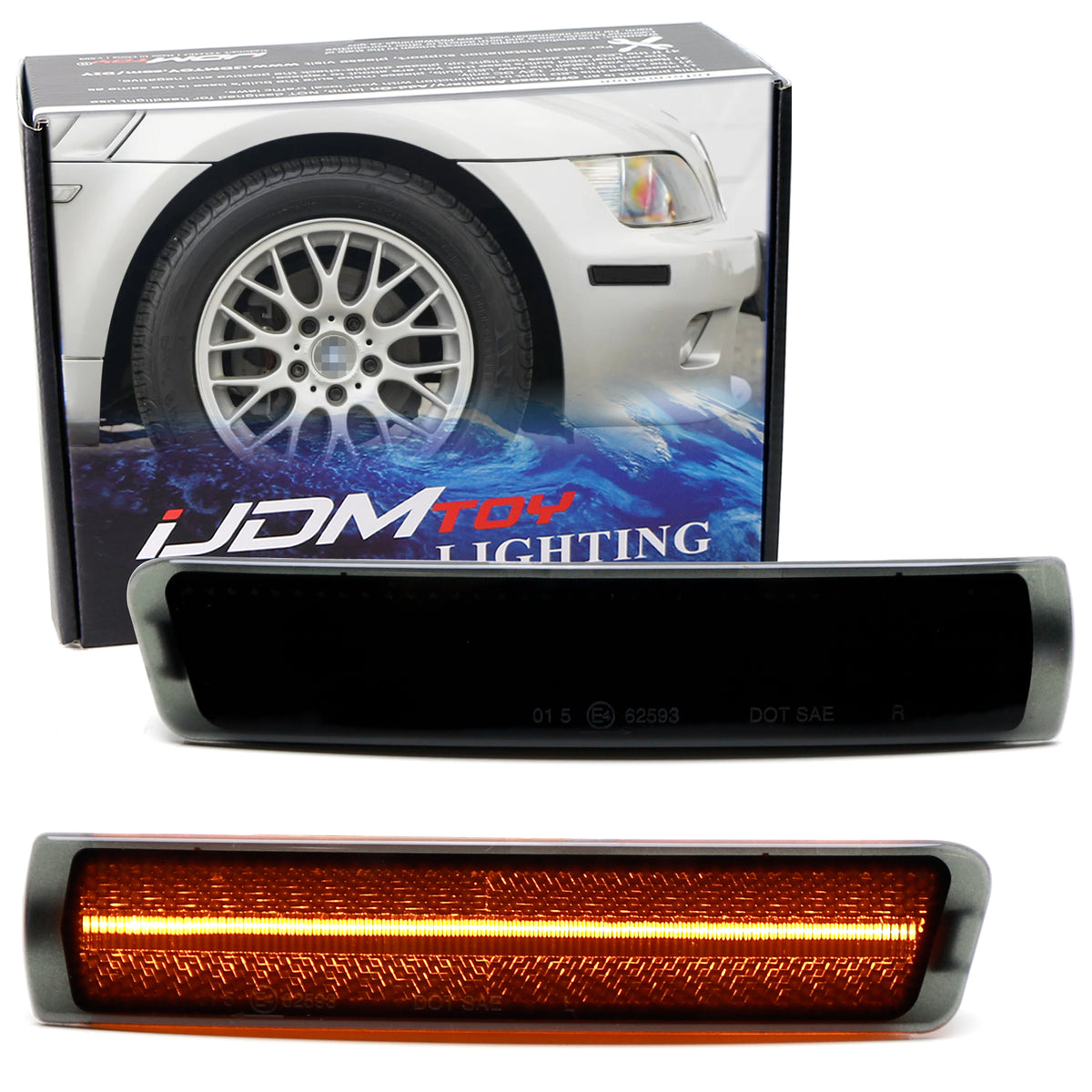 Euro Smoked Lens Front Bumper Amber Full LED Strip Side Markers