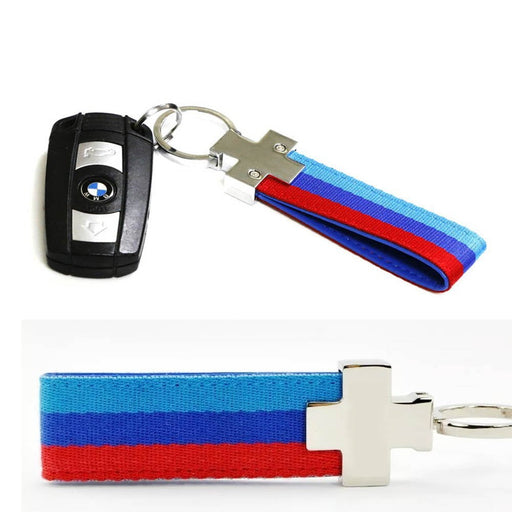 M-Colored Stripe Nylon Band w/ Inner Leather Key Chain Keychain Ring For Bimmer